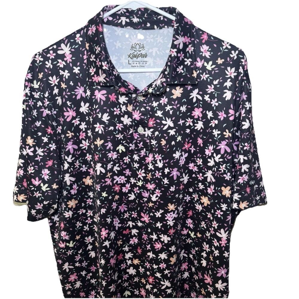 Kaipar Mens Large Black Floral AOP Performance Stretch Comfort Polo Shirt Golf